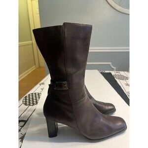 Worthington Brown Leather Mid Calf Block Heel Buckle Boots Inside Zip Sz 9M